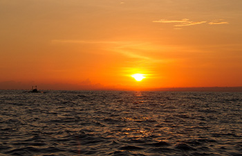 Sun setting into the sea with waves reflecting orange light