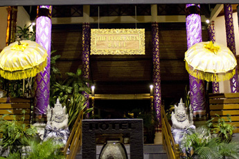 Hotel entrance decorated with glowing lanterns