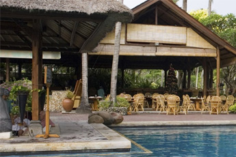 Traditional thatched-roof hotel beside a pool