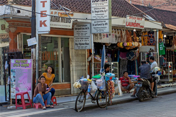 Local market with shops and colorful goods