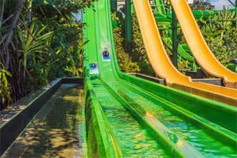 Tall green and yellow waterslides in lush surroundings